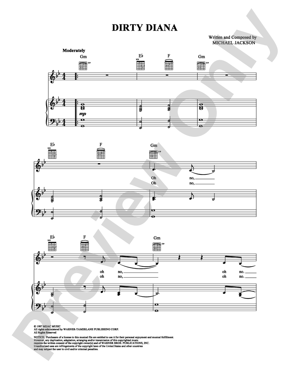 Dirty Diana: Piano/Vocal/Chords Digital Sheet Music
