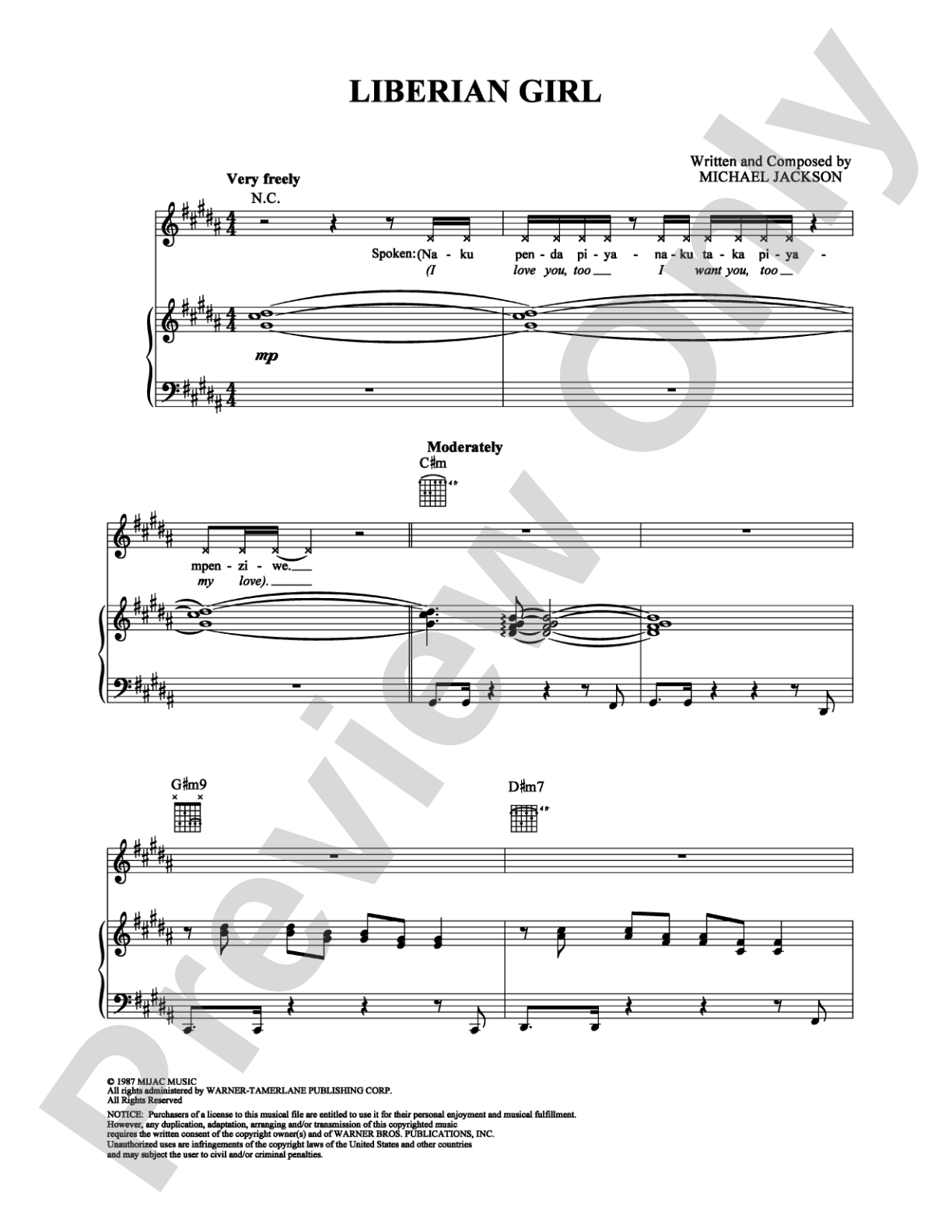 Liberian Girl: Piano/Vocal/Chords Digital Sheet Music
