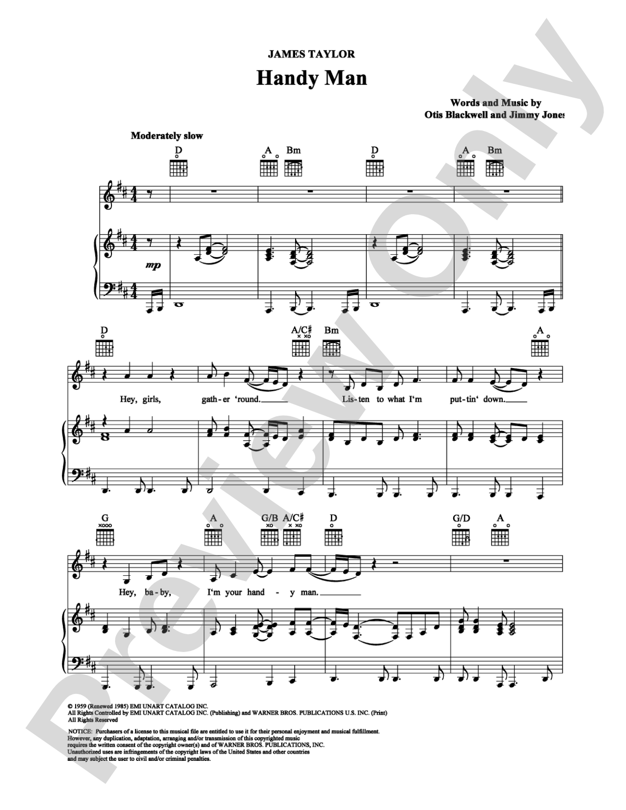 Handy Man: Piano/Vocal/Chords Digital Sheet Music