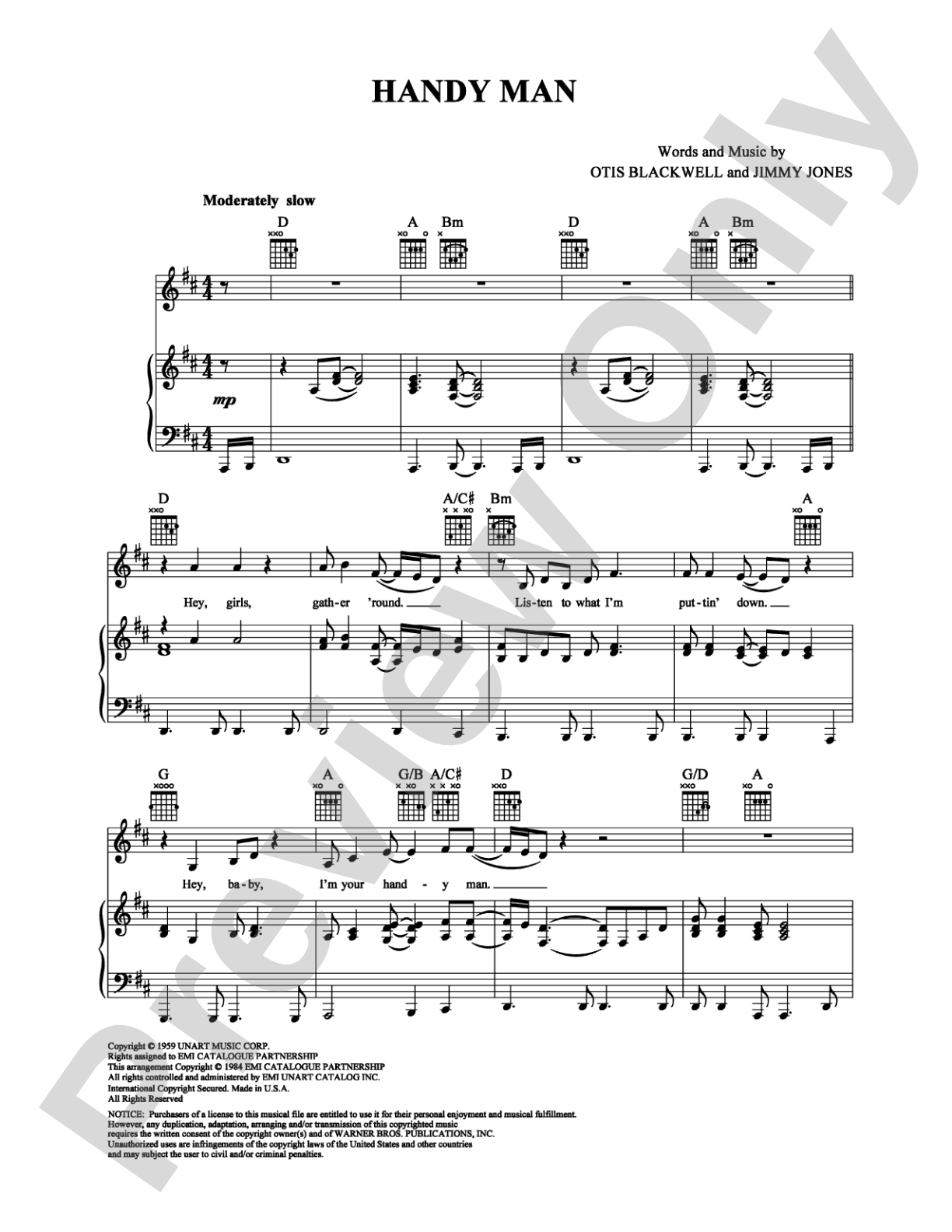 Handy Man: Piano/Vocal/Chords Digital Sheet Music