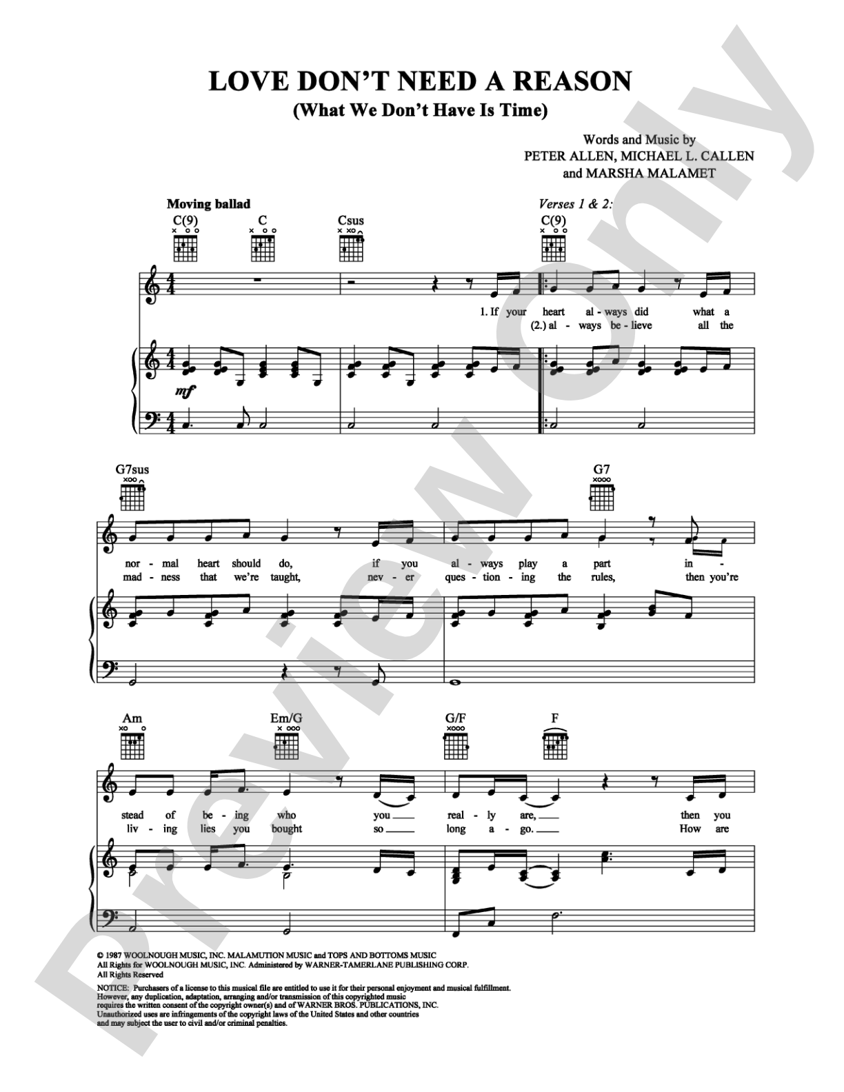 Love Don't Need a Reason (What We Don't Have Is Time): Piano/Vocal/Chords Digital Sheet Music