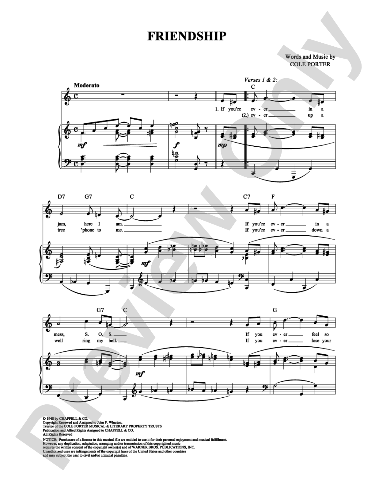 Friendship: Piano/Vocal/Chords Digital Sheet Music