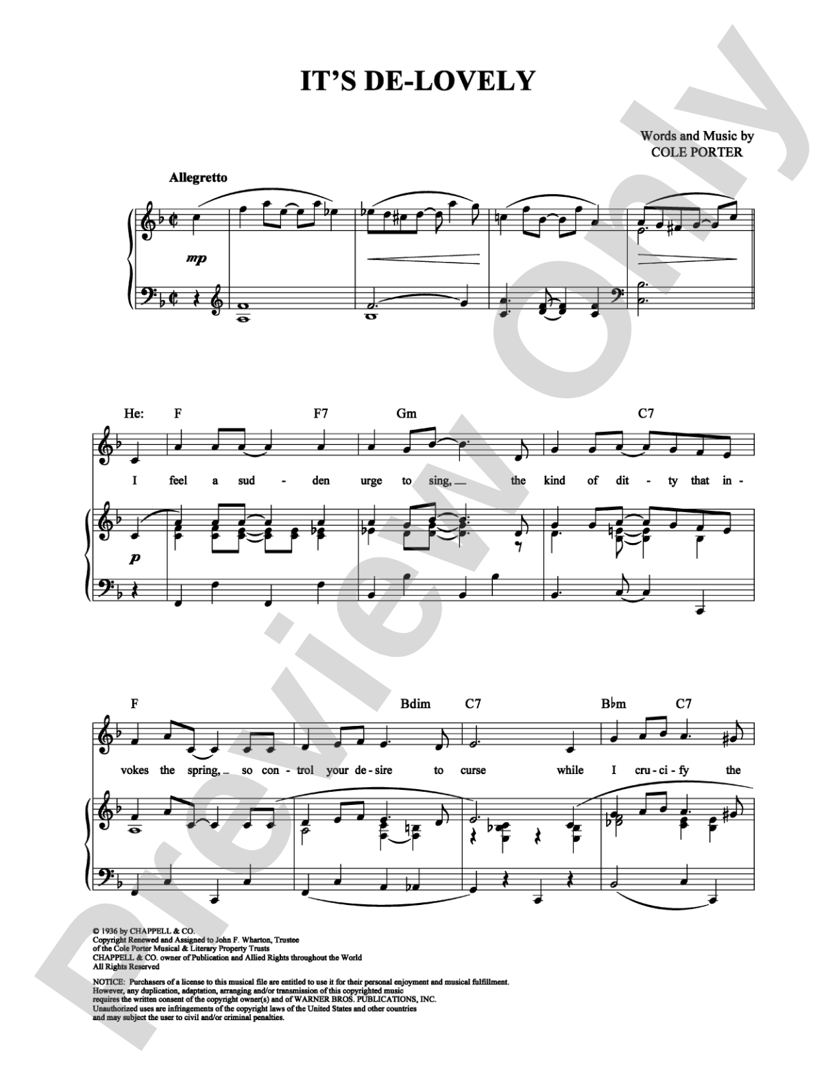It's De-Lovely: Piano/Vocal/Chords Digital Sheet Music