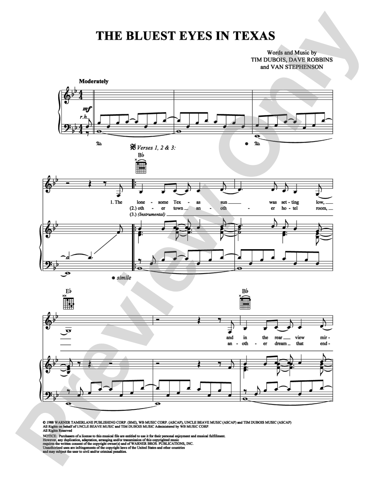 The Bluest Eyes in Texas: Piano/Vocal/Chords Digital Sheet Music