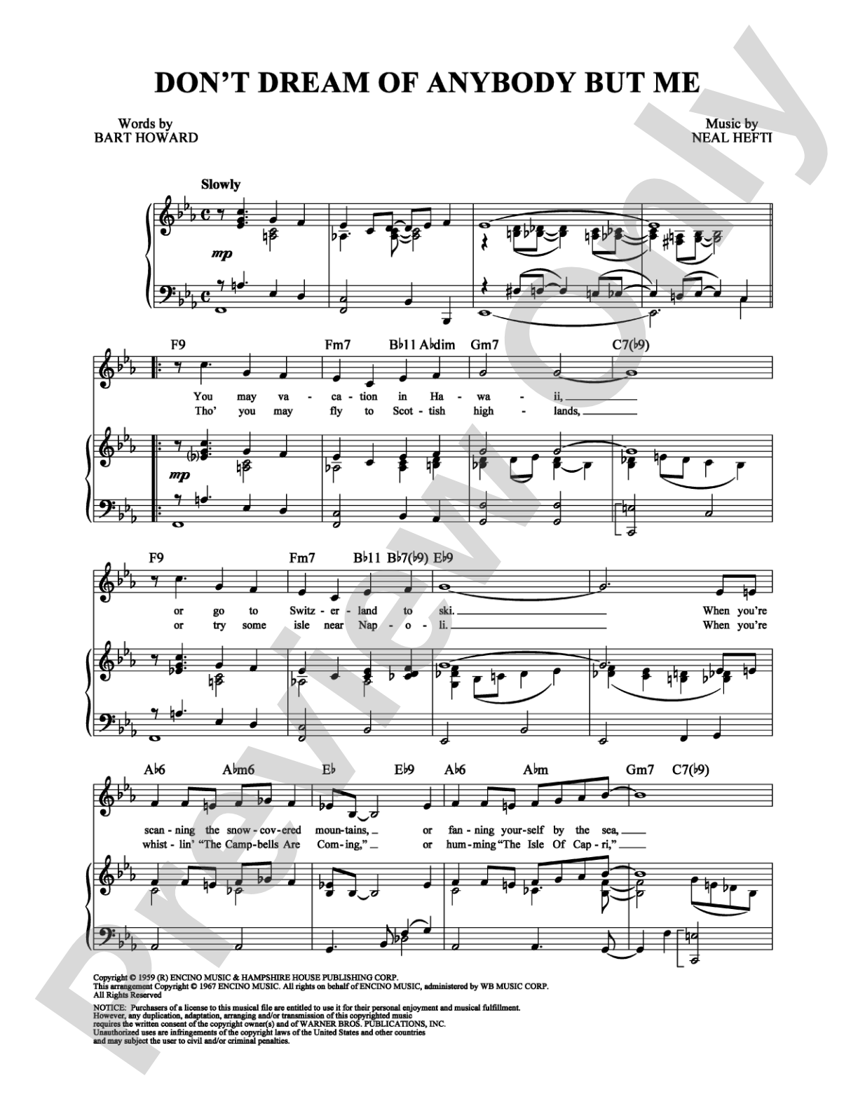 Don't Dream of Anybody But Me: Piano/Vocal/Chords Digital Sheet Music