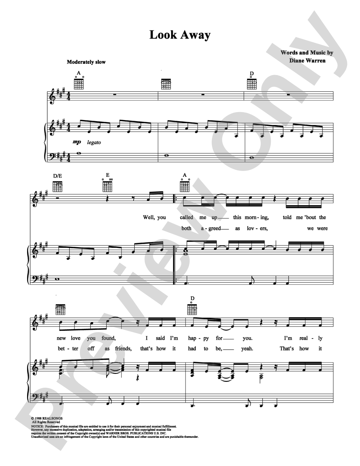 Look Away: Piano/Vocal/Chords Digital Sheet Music