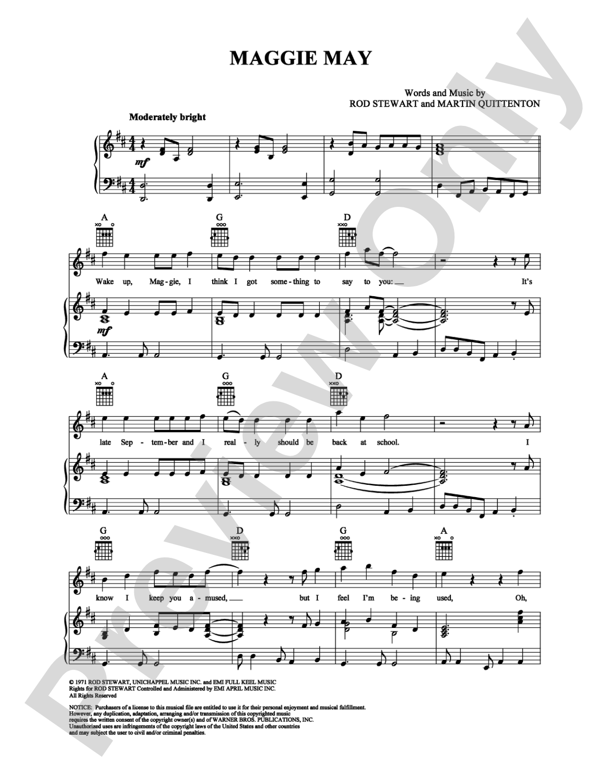 Maggie May: Piano/Vocal/Chords Digital Sheet Music