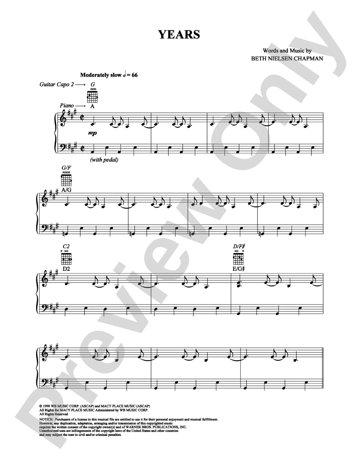 Years: Piano/Vocal/Chords Digital Sheet Music