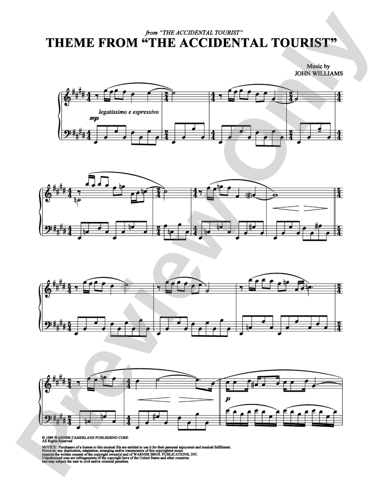 The Accidental Tourist  (Main Theme): Piano Digital Sheet Music
