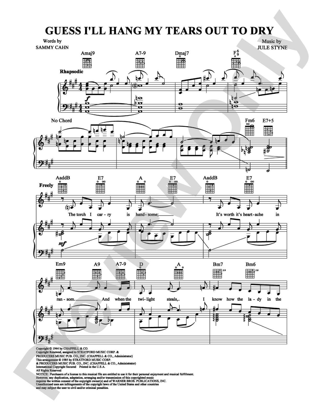 Guess I'll Hang My Tears Out To Dry: Piano/Vocal/Chords Digital Sheet Music