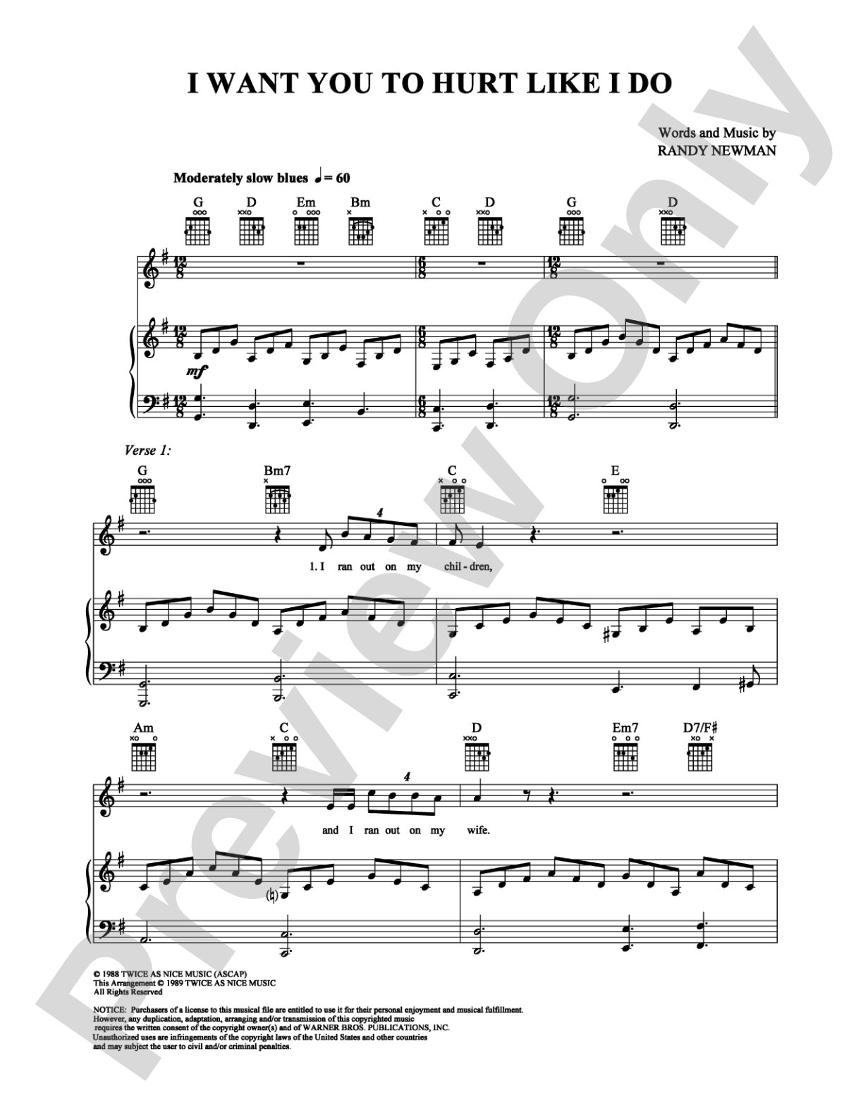 I Want You to Hurt Like I Do: Piano/Vocal/Chords Digital Sheet Music