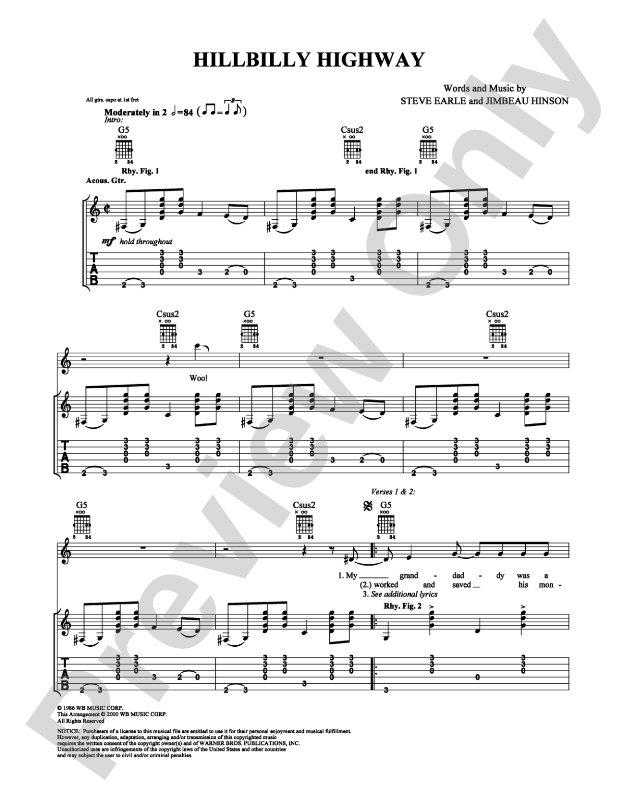 Hillbilly Highway: Guitar TAB Digital Sheet Music