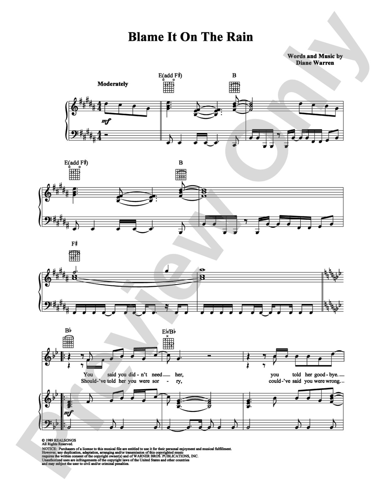 Blame It On The Rain: Piano/Vocal/Chords Digital Sheet Music