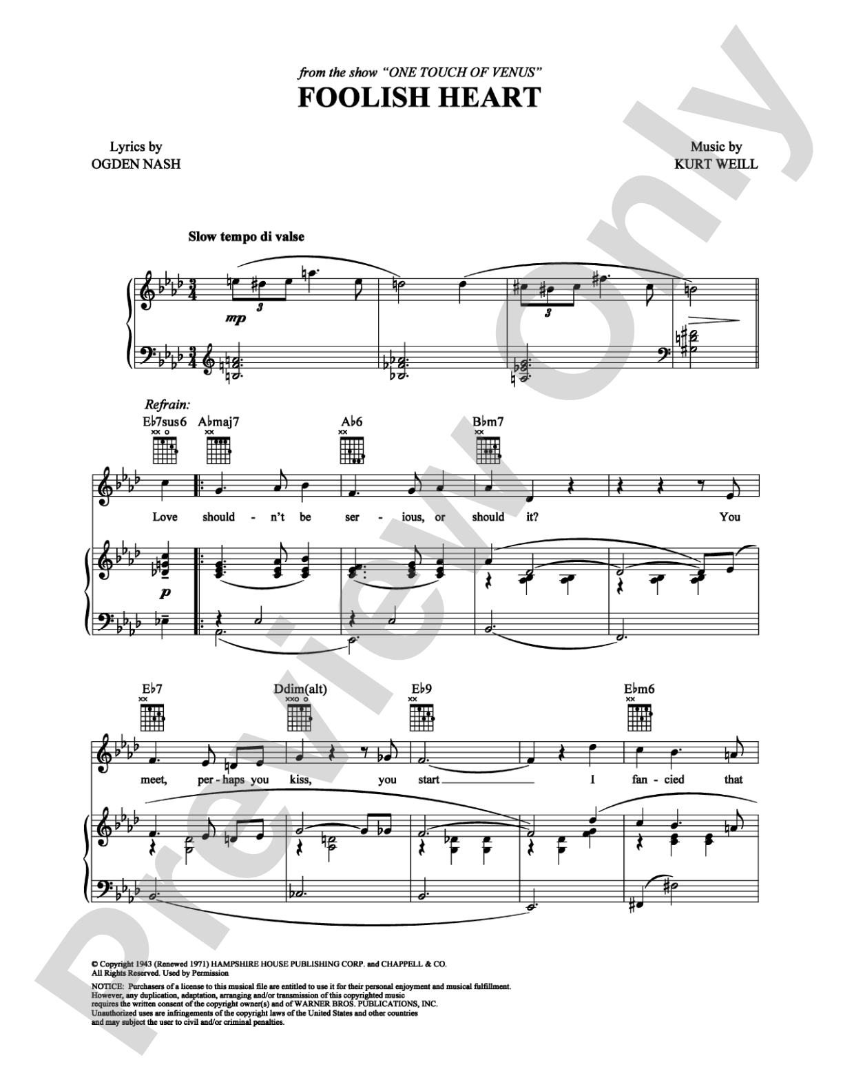 Foolish Heart: Piano/Vocal/Chords Digital Sheet Music