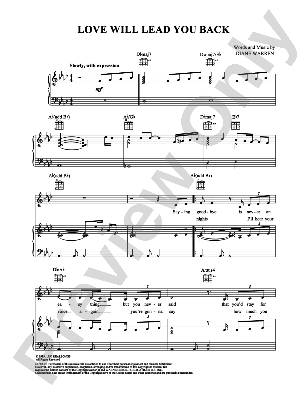 Love Will Lead You Back: Piano/Vocal/Chords Digital Sheet Music