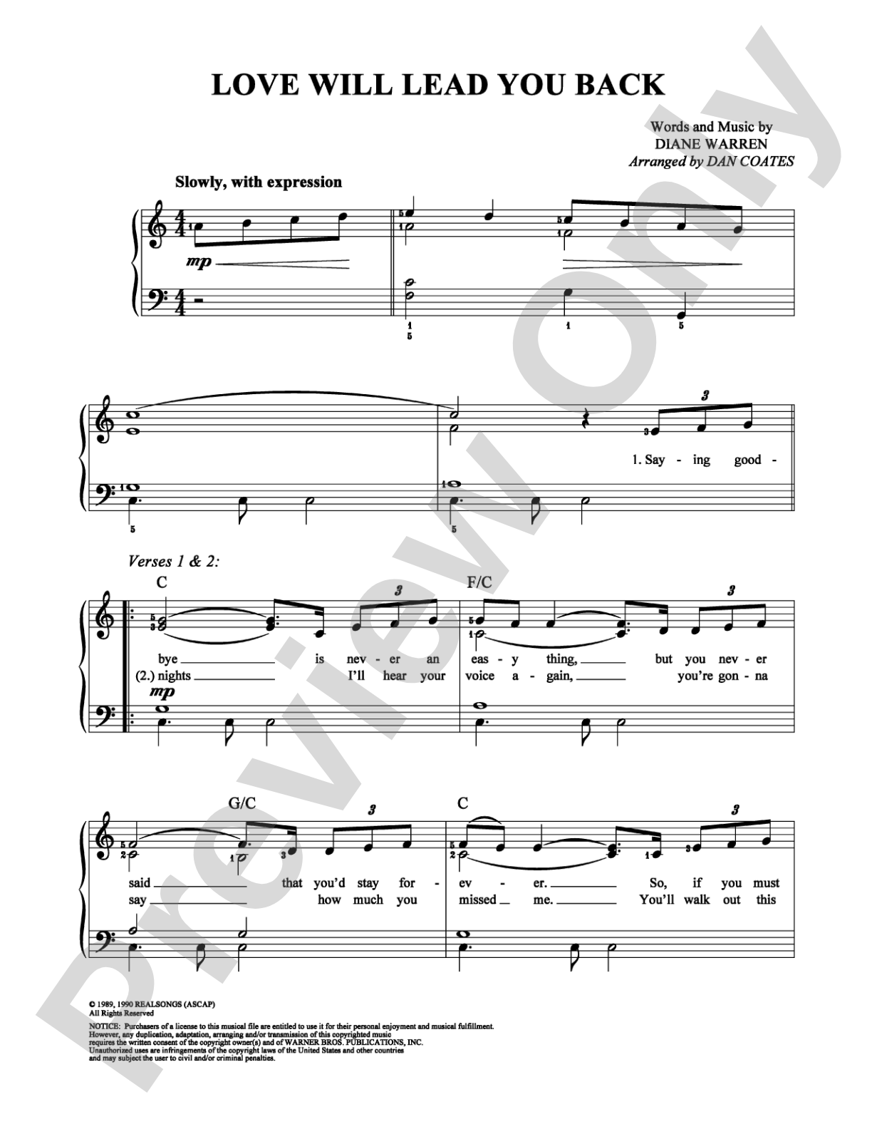 Love Will Lead You Back: Easy Piano Digital Sheet Music