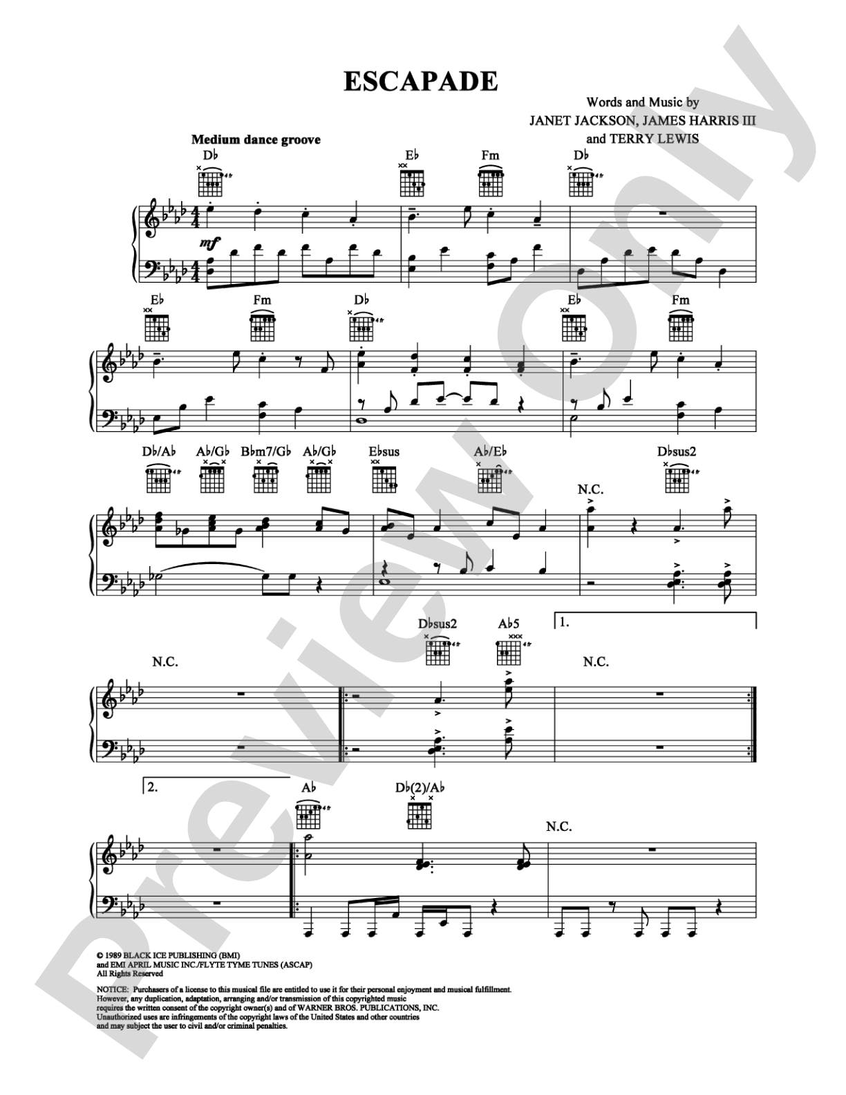 Escapade: Piano/Vocal/Chords Digital Sheet Music