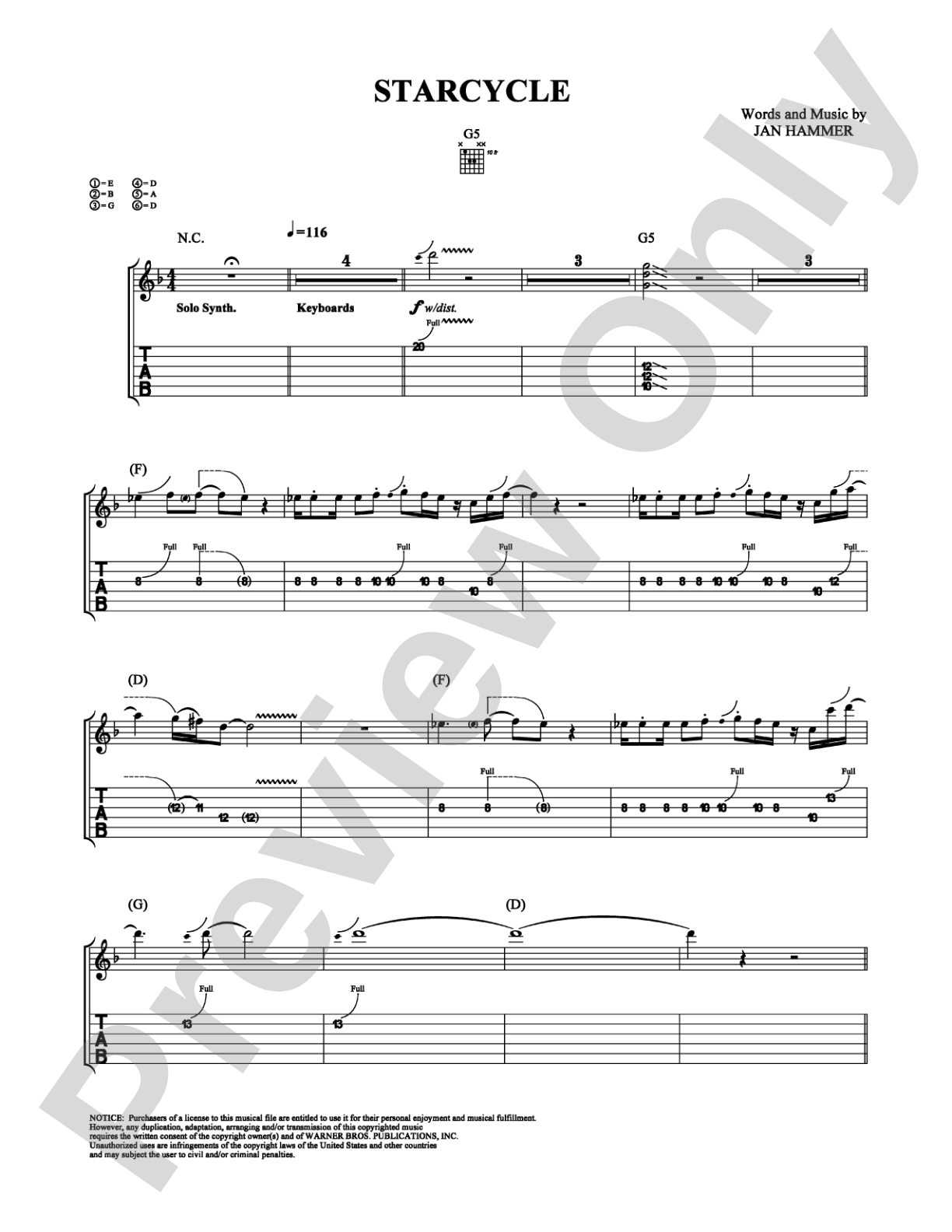 Starcycle: Guitar TAB Digital Sheet Music