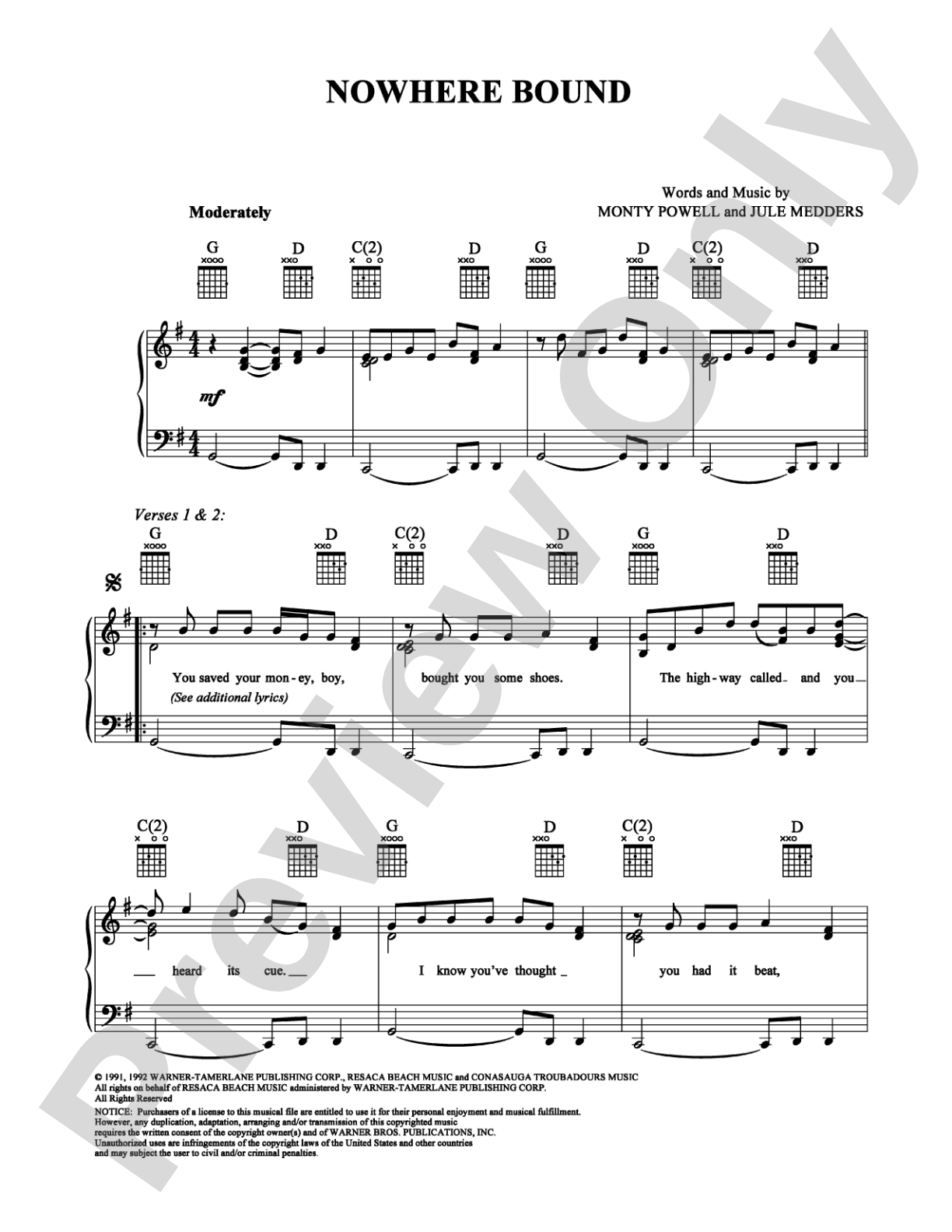Nowhere Bound: Piano/Vocal/Chords Digital Sheet Music