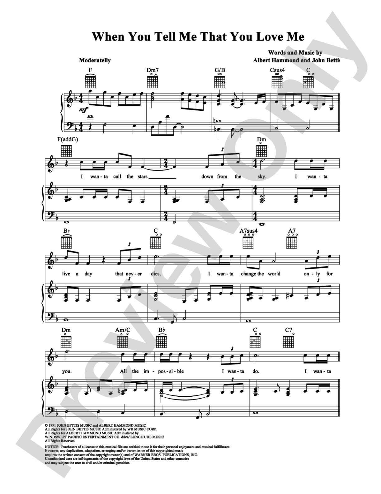 When You Tell Me That You Love Me: Piano/Vocal/Chords Digital Sheet Music