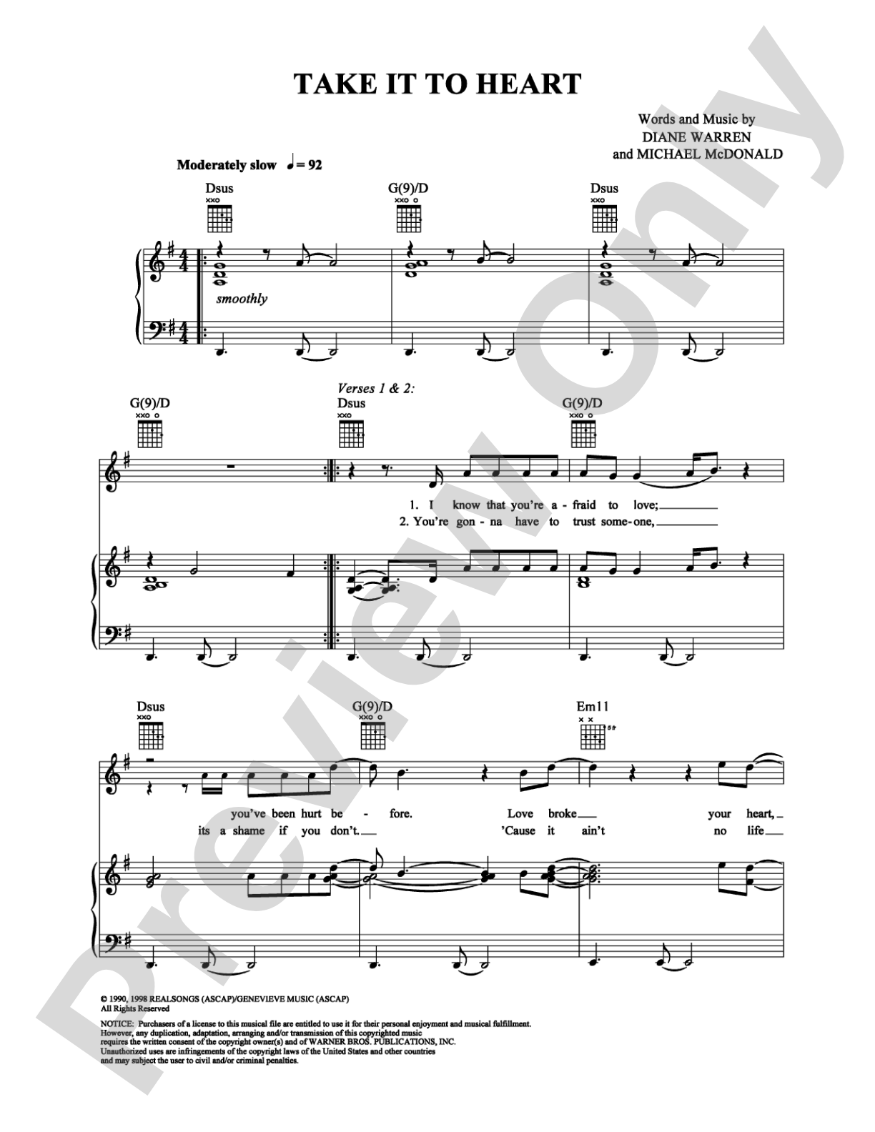Take It to Heart: Piano/Vocal/Chords Digital Sheet Music