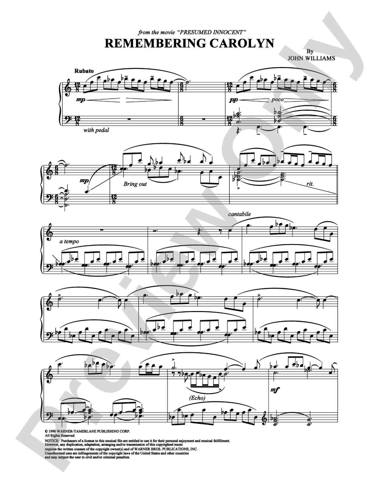 Remembering Carolyn: Piano Digital Sheet Music