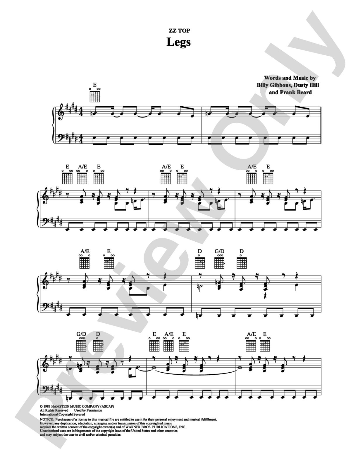 Legs: Piano/Vocal/Chords Digital Sheet Music