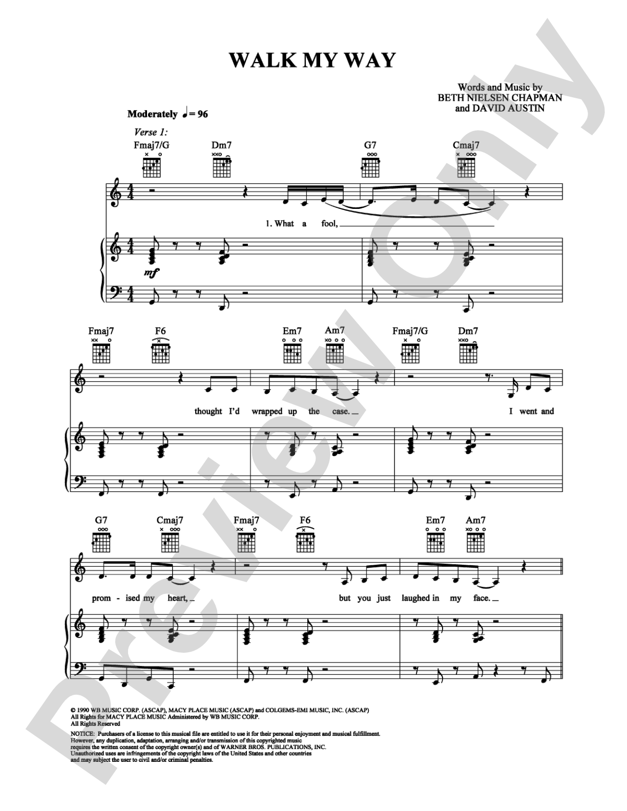 Walk My Way: Piano/Vocal/Chords Digital Sheet Music
