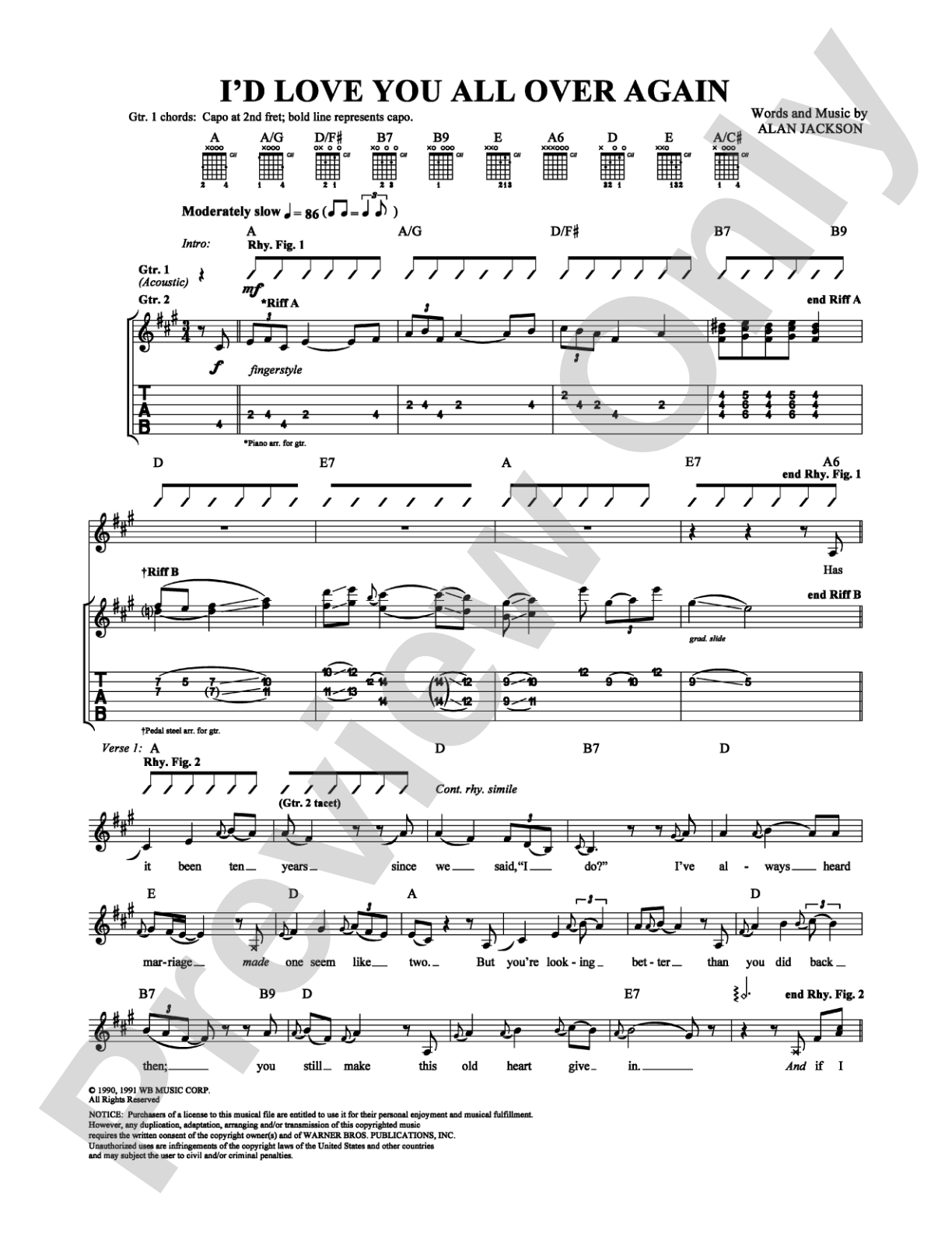 I'd Love You All Over Again: Guitar TAB Digital Sheet Music