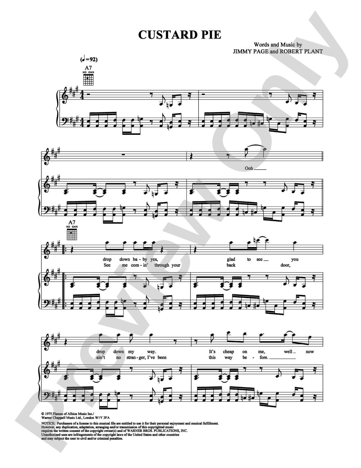 Custard Pie: Piano/Vocal/Chords Digital Sheet Music
