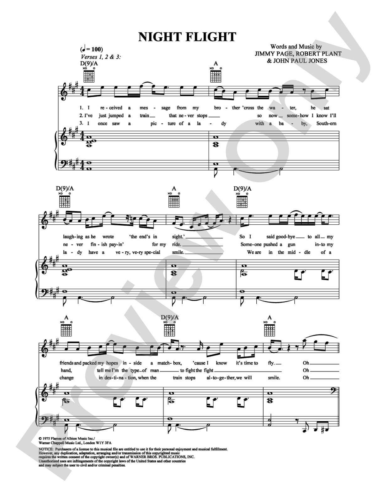 Night Flight: Piano/Vocal/Chords Digital Sheet Music