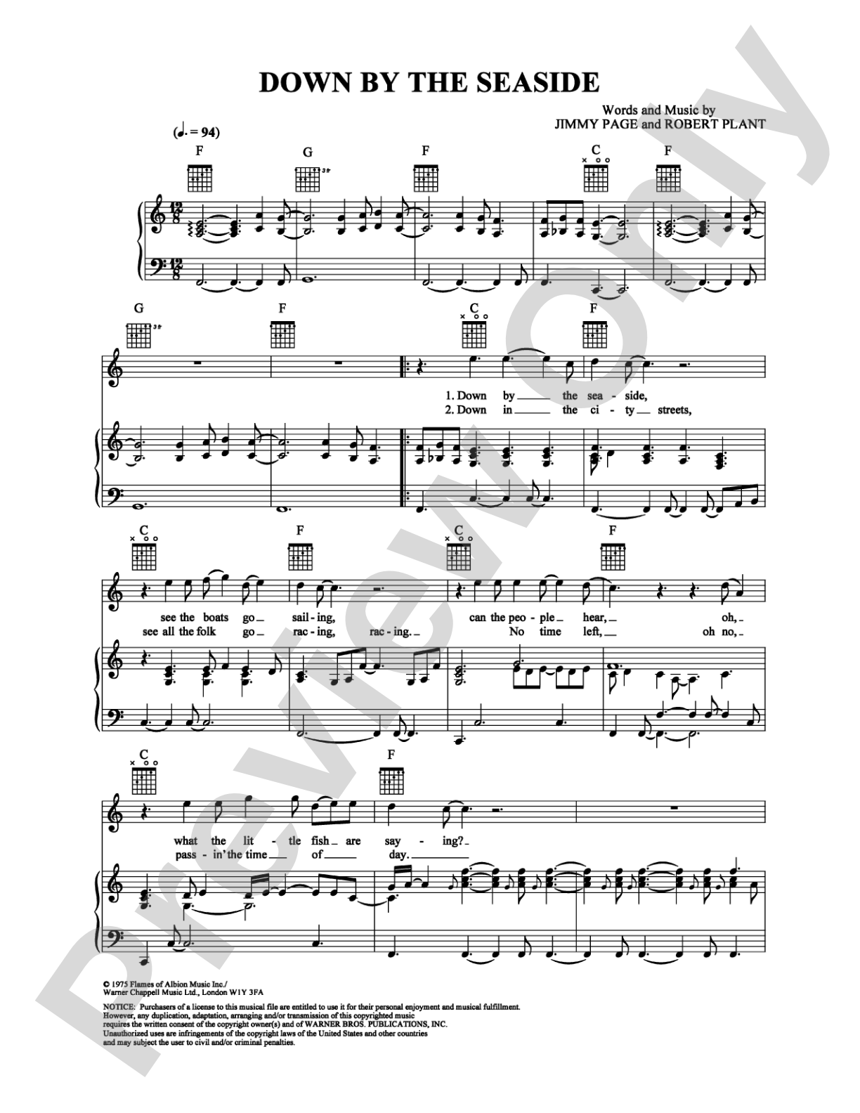 Down By the Seaside: Piano/Vocal/Chords Digital Sheet Music