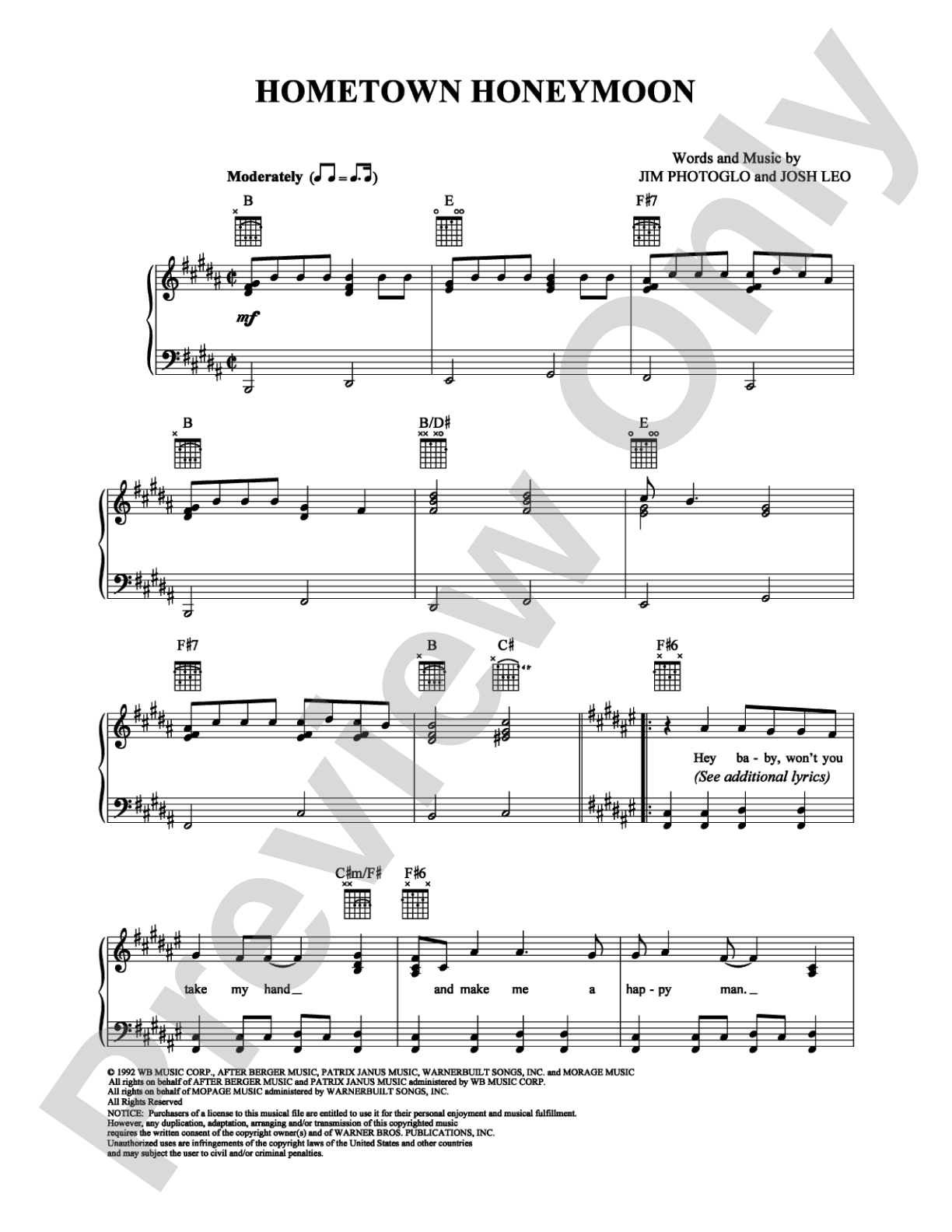 Hometown Honeymoon: Piano/Vocal/Chords Digital Sheet Music
