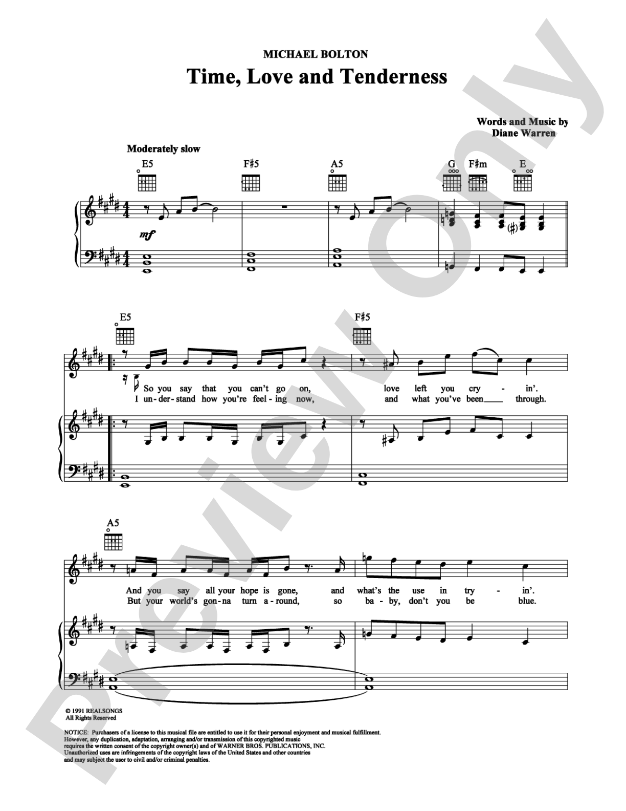 Time, Love and Tenderness: Piano/Vocal/Chords Digital Sheet Music