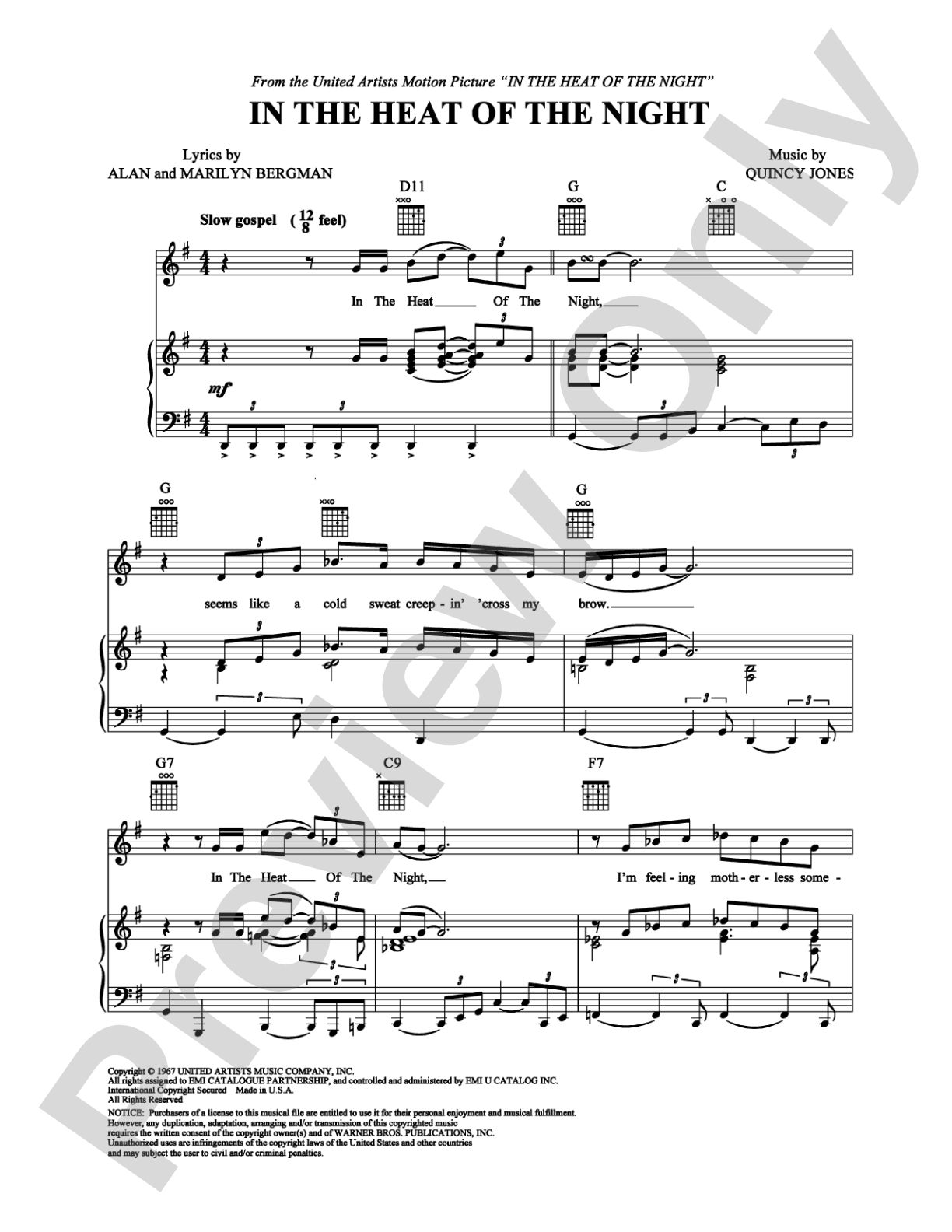 In the Heat of the Night: Piano/Vocal/Chords Digital Sheet Music