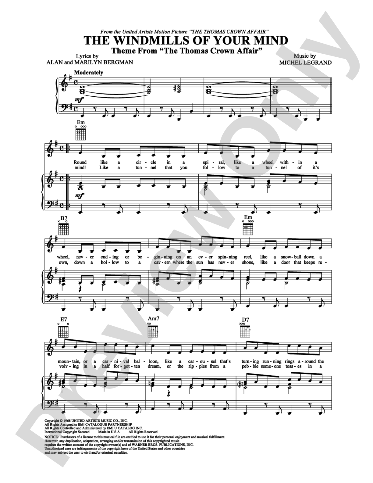 The Windmills of Your Mind: Piano/Vocal/Chords Digital Sheet Music