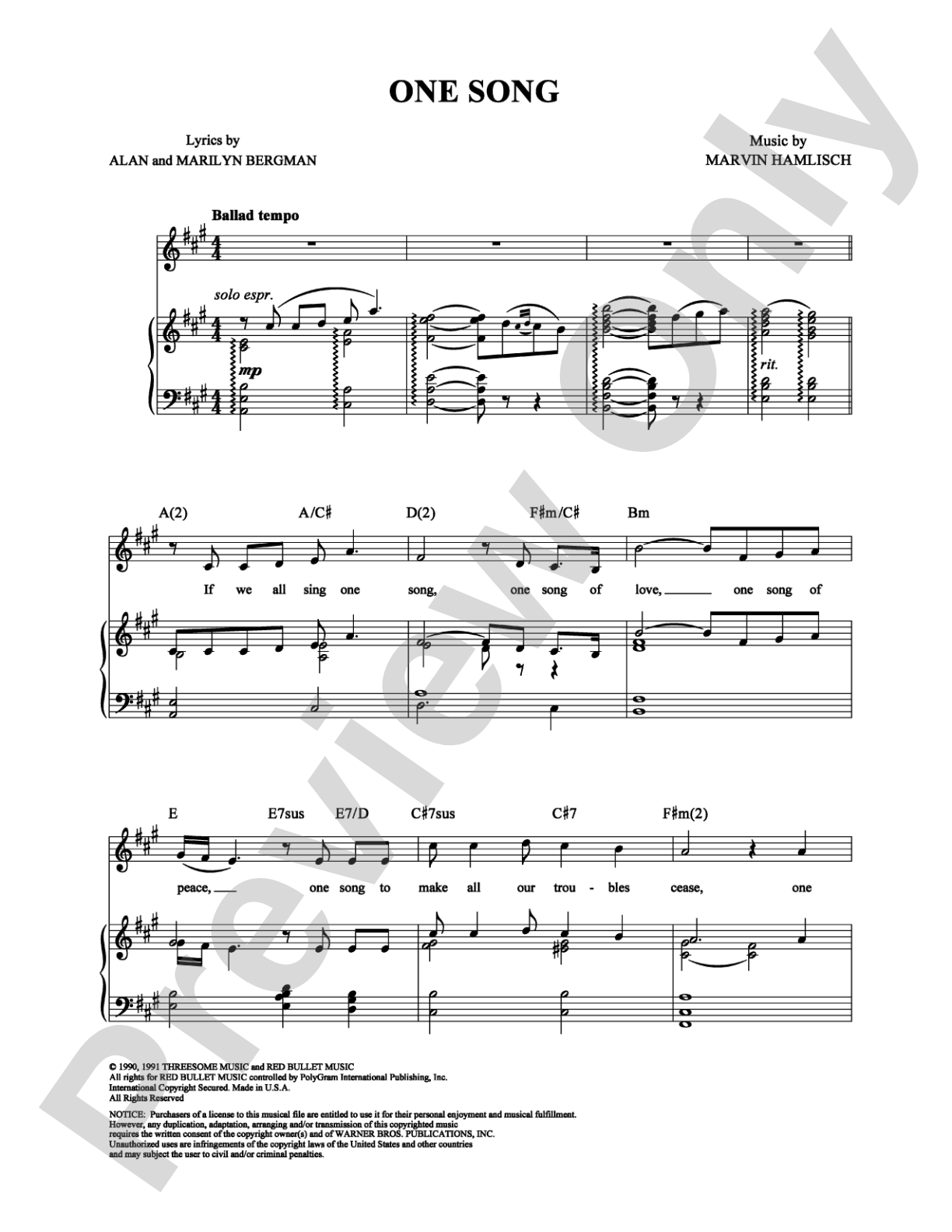 One Song: Piano/Vocal/Chords Digital Sheet Music