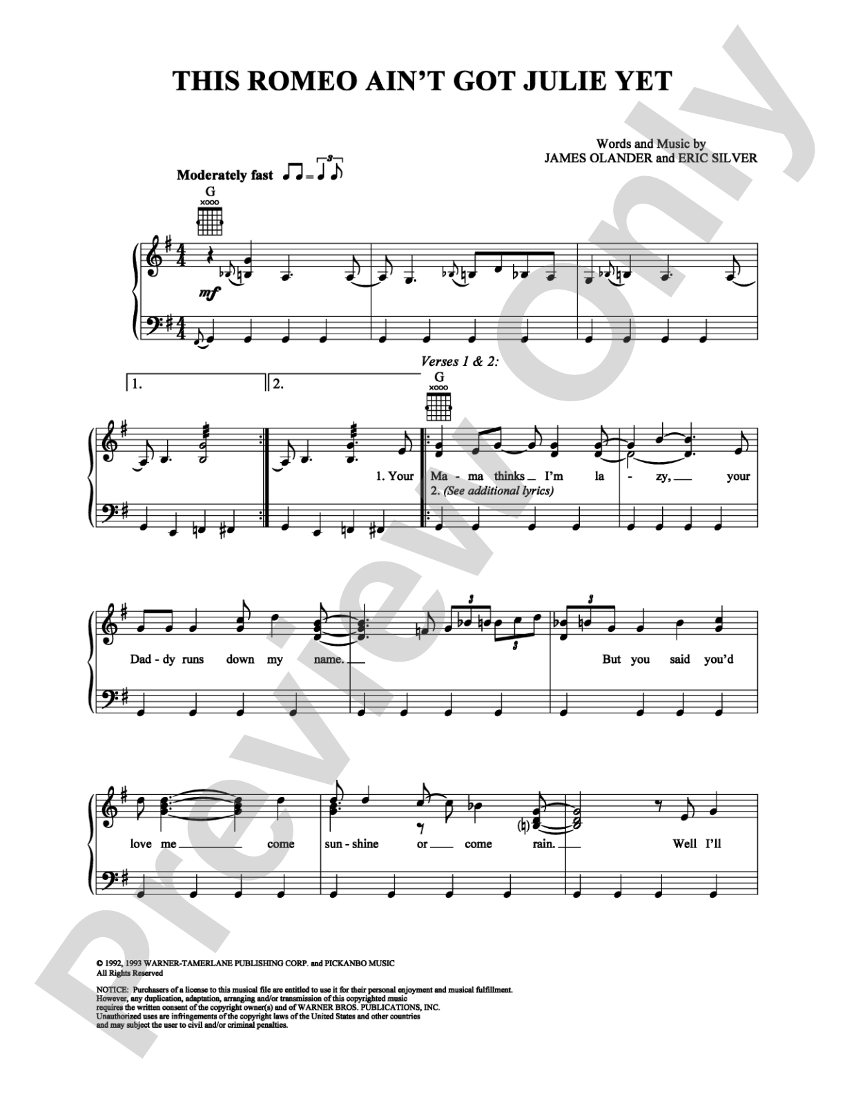 This Romeo Ain't Got Julie Yet: Piano/Vocal/Chords Digital Sheet Music