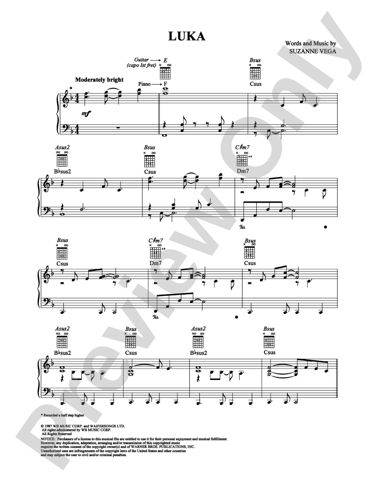 Luka: Piano/Vocal/Chords Digital Sheet Music