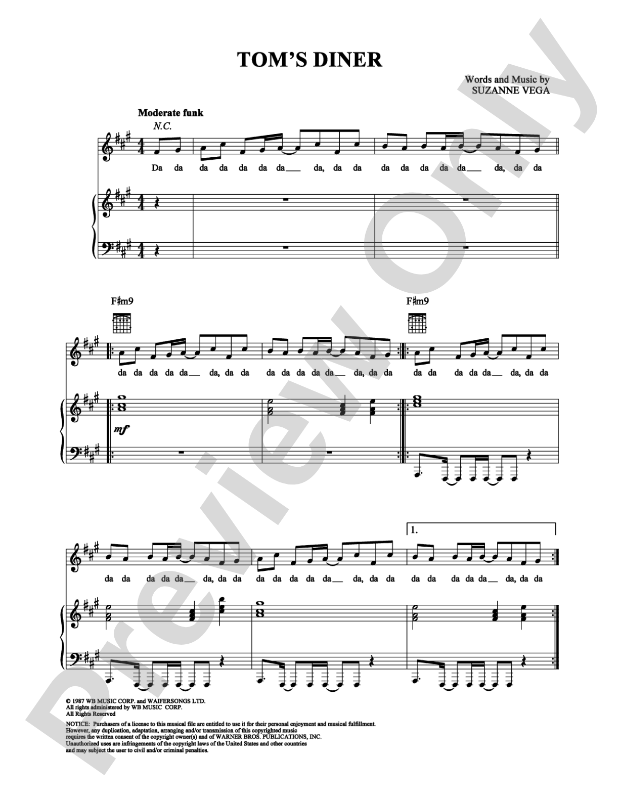 Tom's Diner: Piano/Vocal/Chords Digital Sheet Music