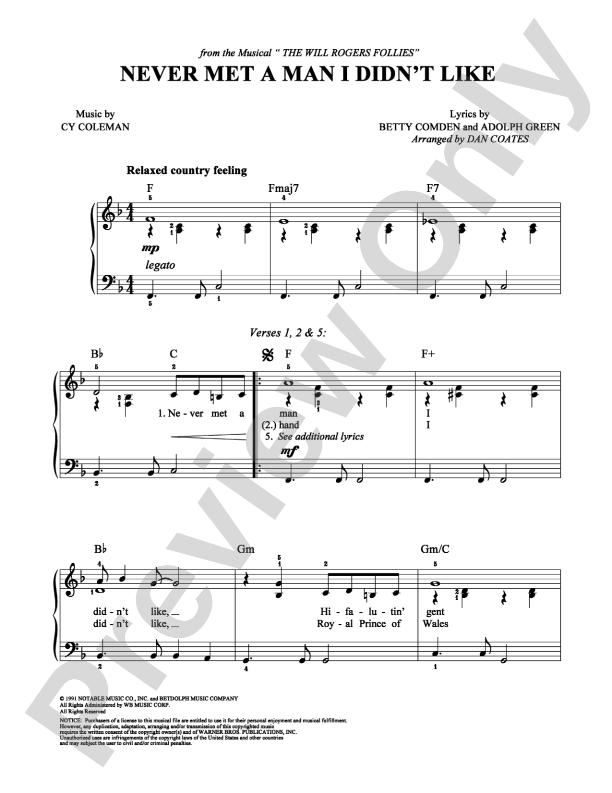 Never Met a Man I Didn't Like: Easy Piano Digital Sheet Music
