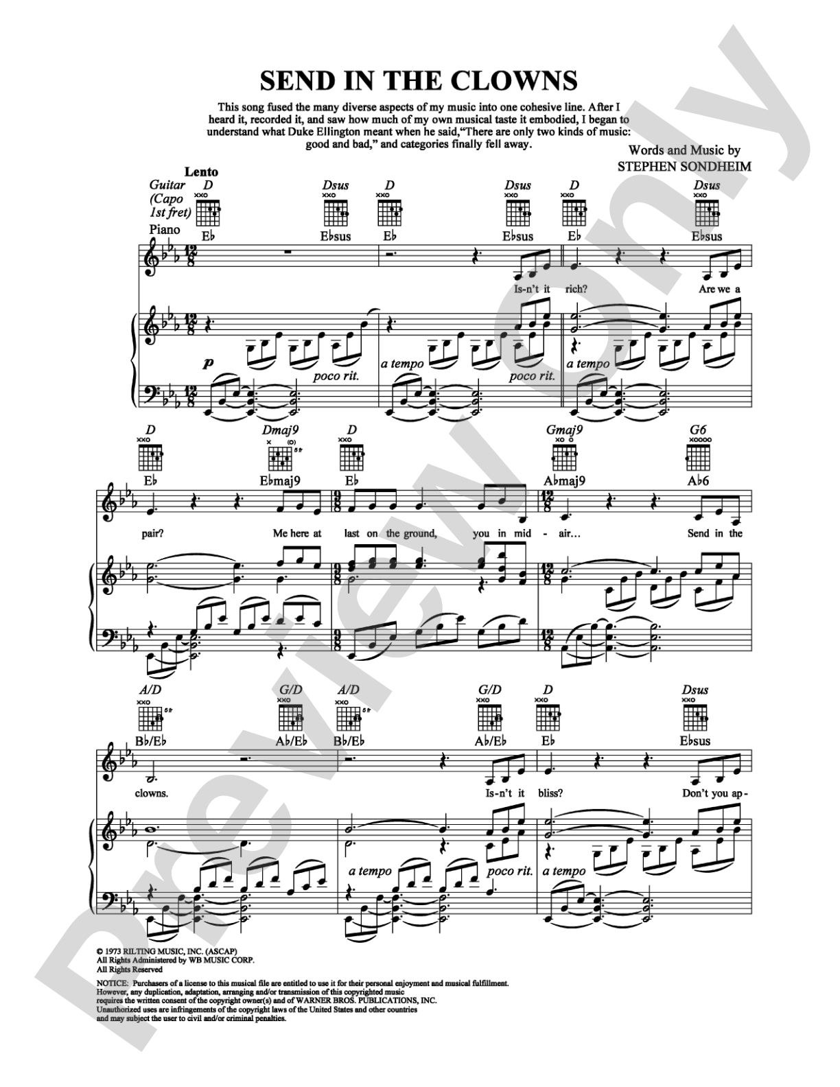 Send in the Clowns: Piano/Vocal/Chords Digital Sheet Music