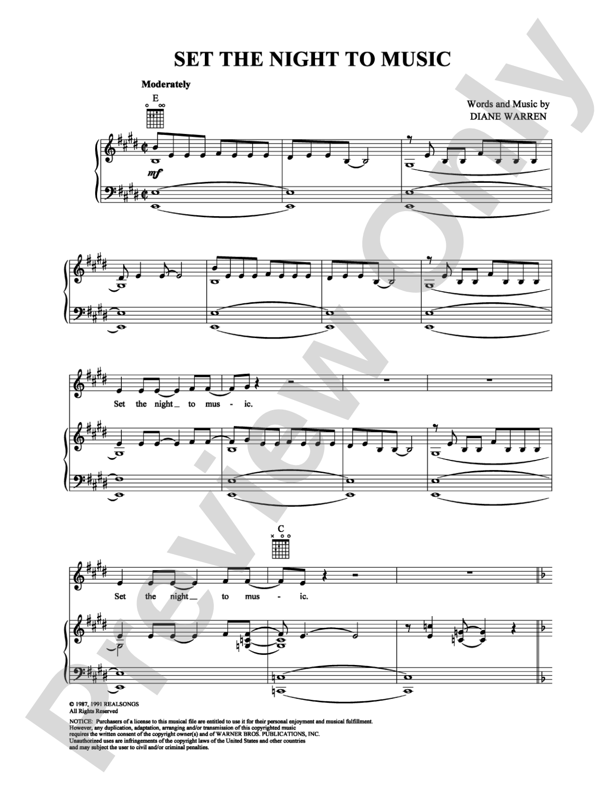 Set The Night To Music: Piano/Vocal/Chords Digital Sheet Music