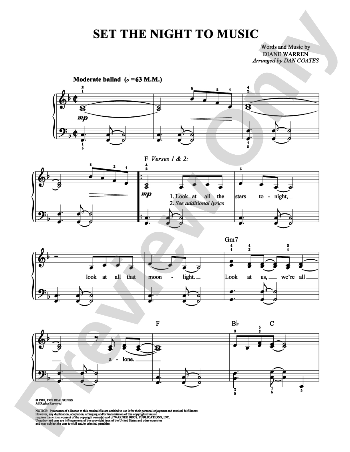 Set the Night to Music: Easy Piano Digital Sheet Music