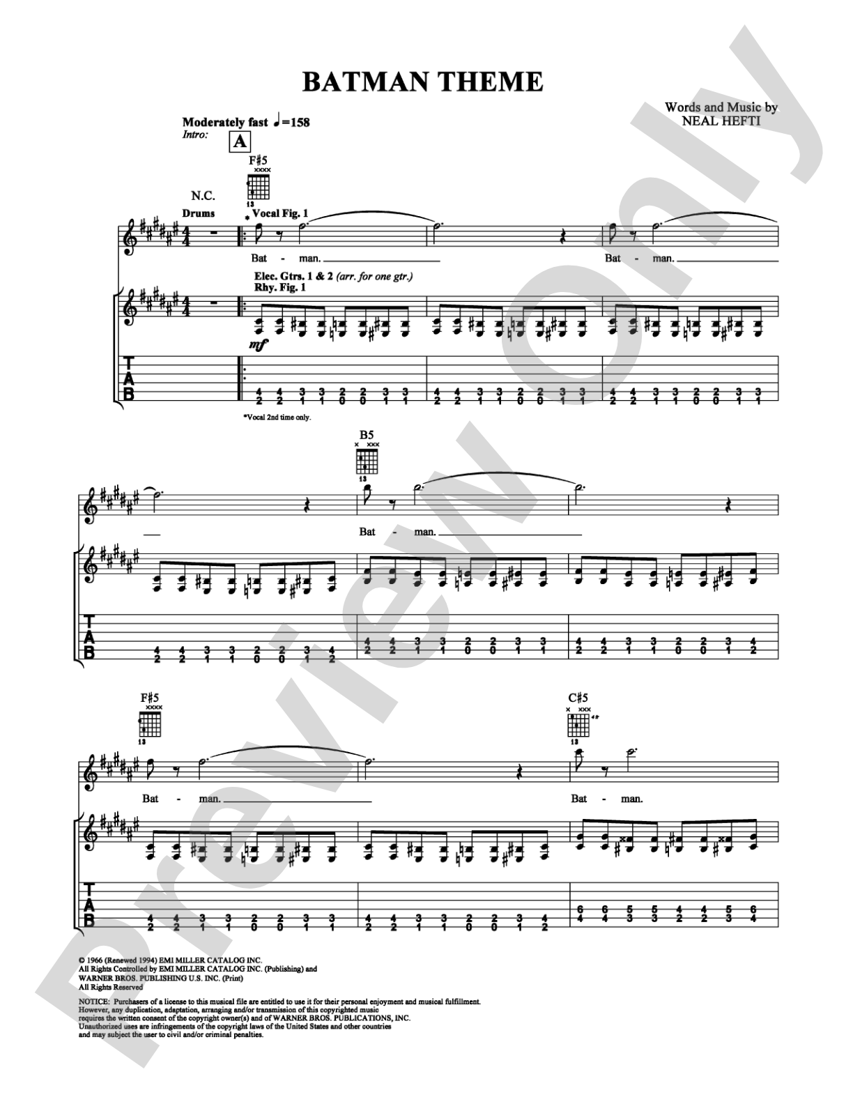 Batman Theme: Guitar TAB Digital Sheet Music