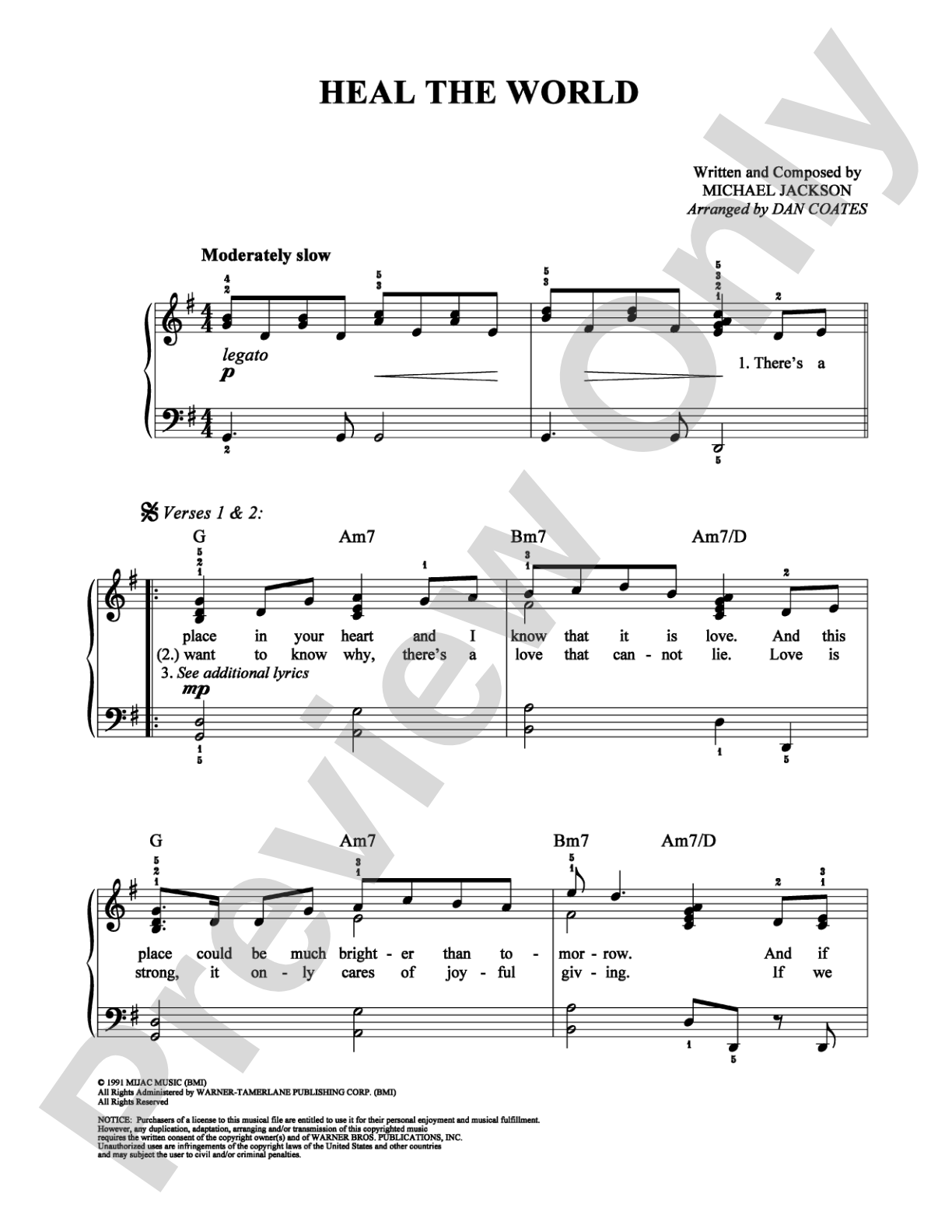 Heal the World: Easy Piano Digital Sheet Music