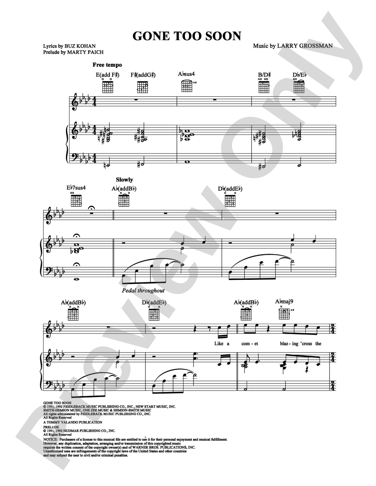Gone Too Soon: Piano/Vocal/Chords Digital Sheet Music