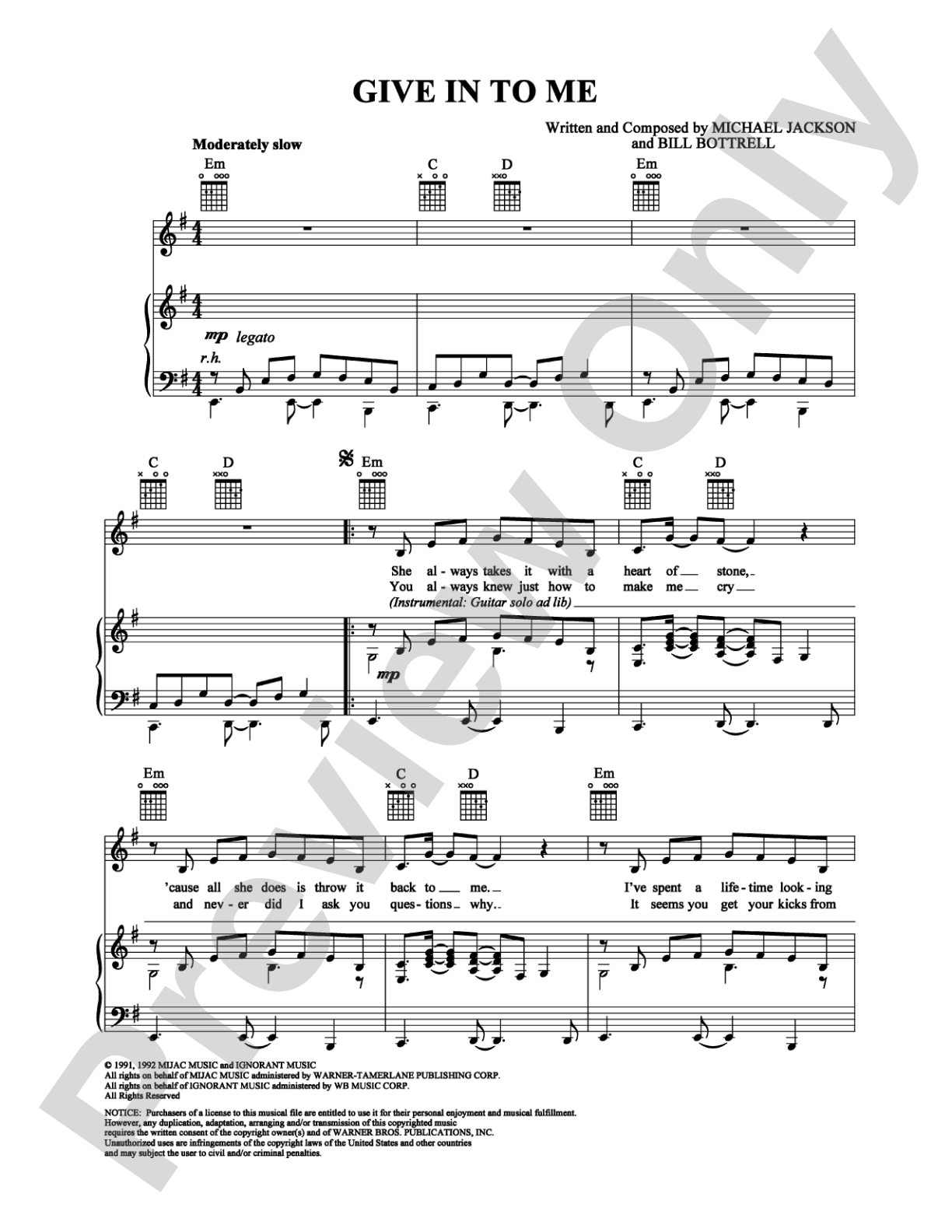 Give In To Me: Piano/Vocal/Chords Digital Sheet Music