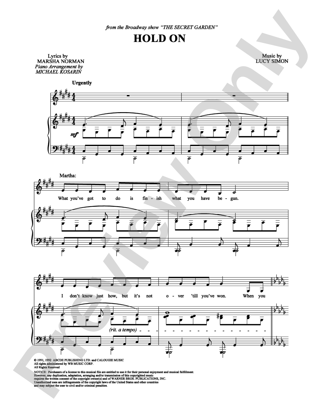 Hold On: Piano/Vocal/Chords Digital Sheet Music