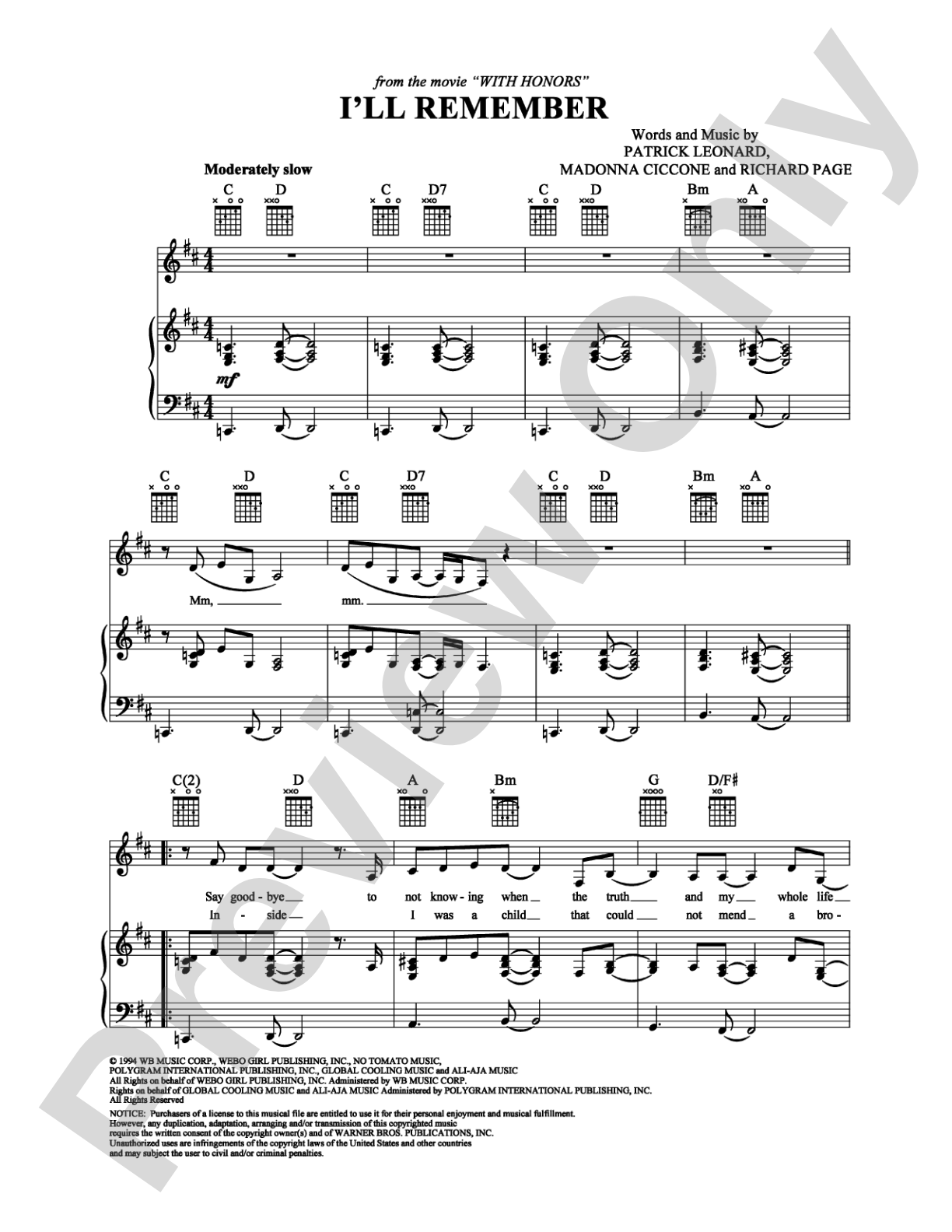 I'll Remember: Piano/Vocal/Chords Digital Sheet Music